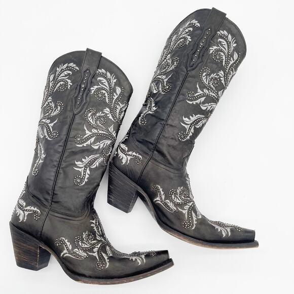 Lucchese Women's 10.5 Black Oklahoma Calfskin Studded Crystal Cowgirl Boots - Picture 2 of 11